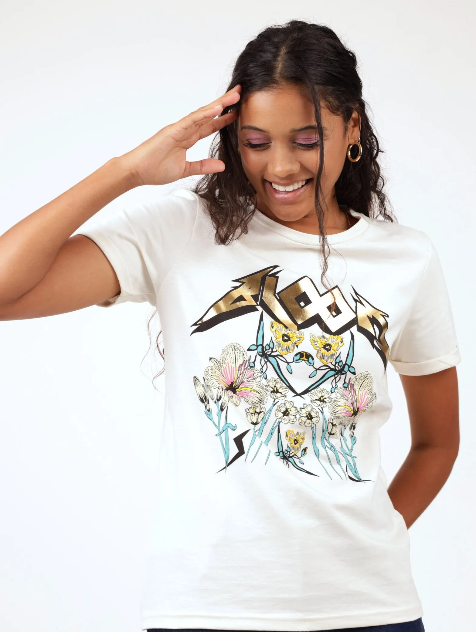 Ladies Bloom Foil Regular Tee - Cream sold by Edgars