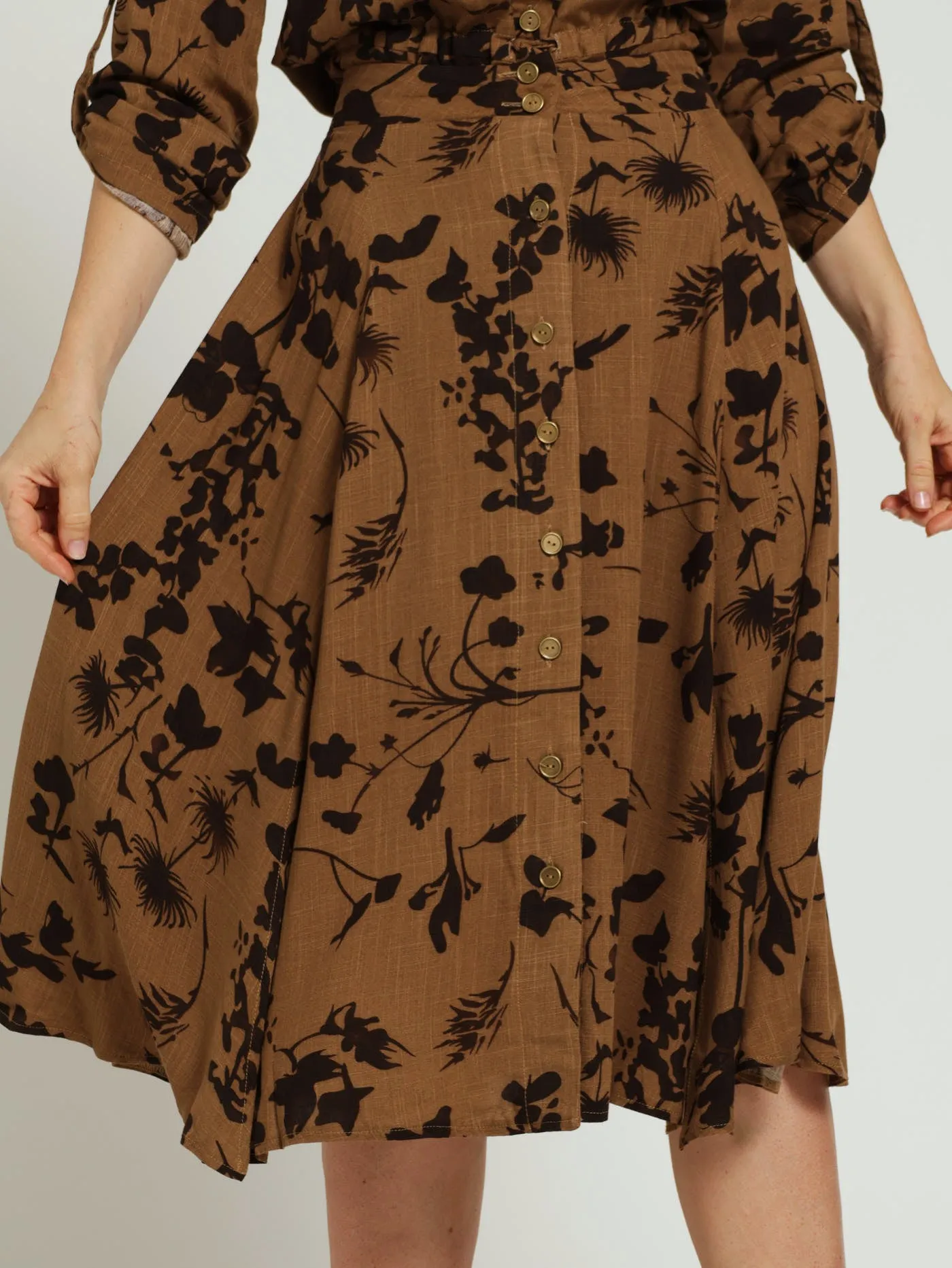 Flare Button Detail Skirt - Brown sold by Edgars