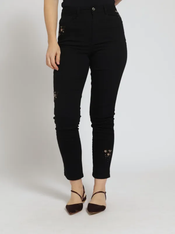 Floral Embroidered Detail Straightleg Denim Jean - Black sold by Edgars 