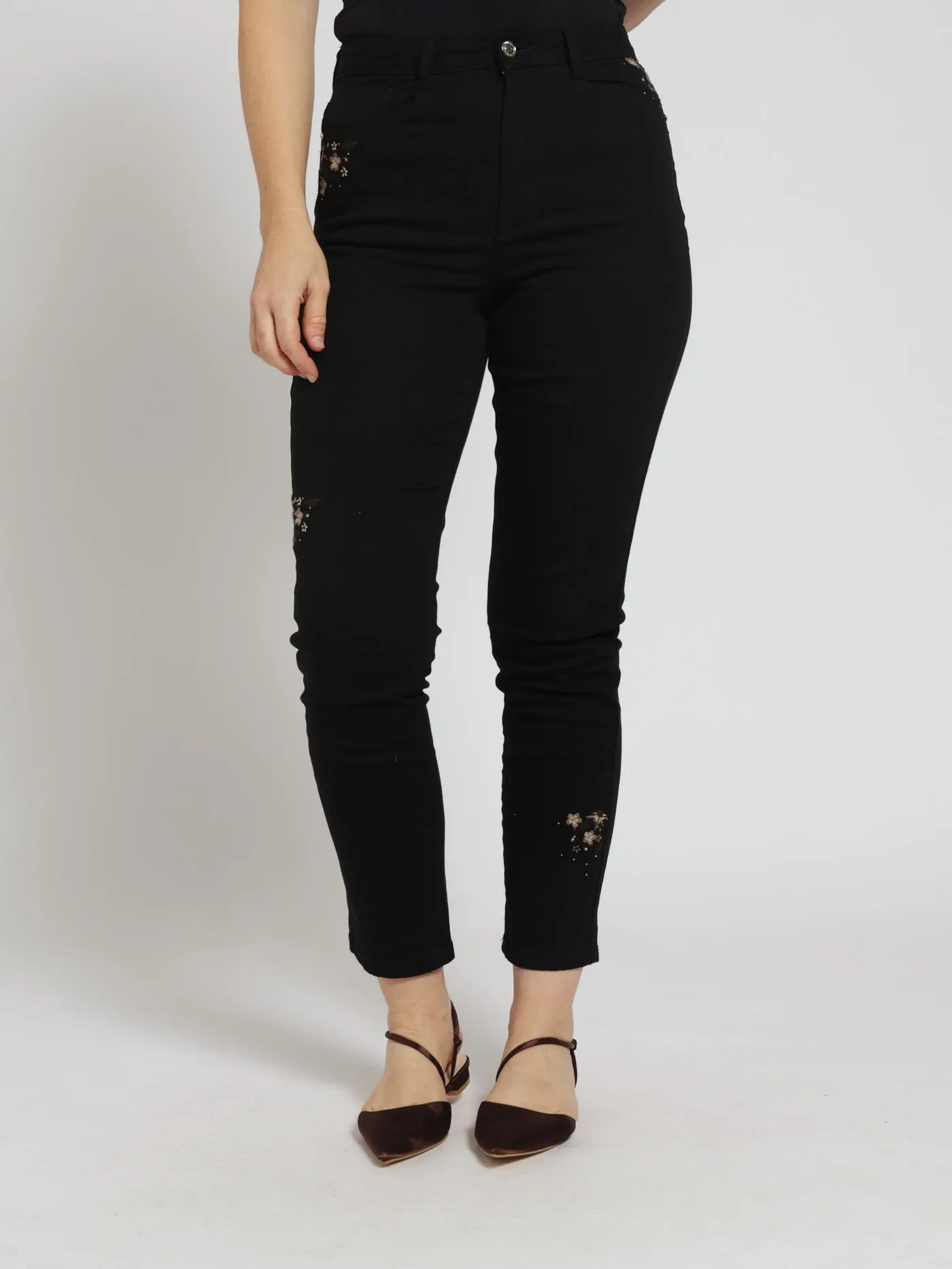 Floral Embroidered Detail Straightleg Denim Jean - Black sold by Edgars