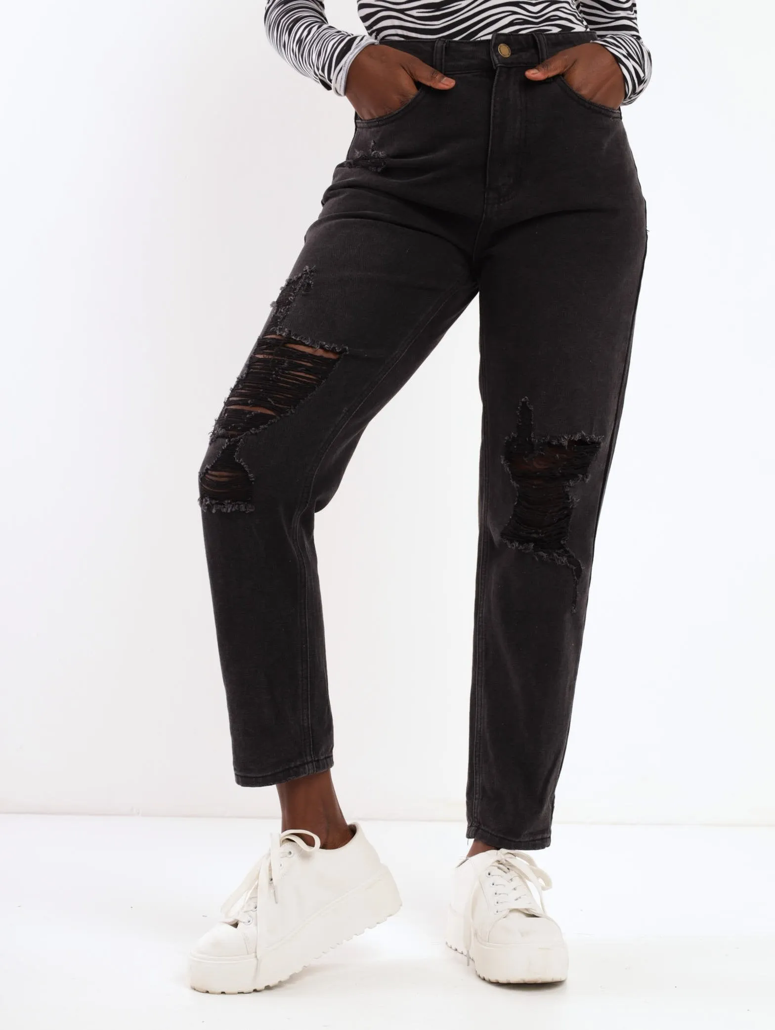 Ladies Mid Abraised Mom Jean - Black sold by Edgars