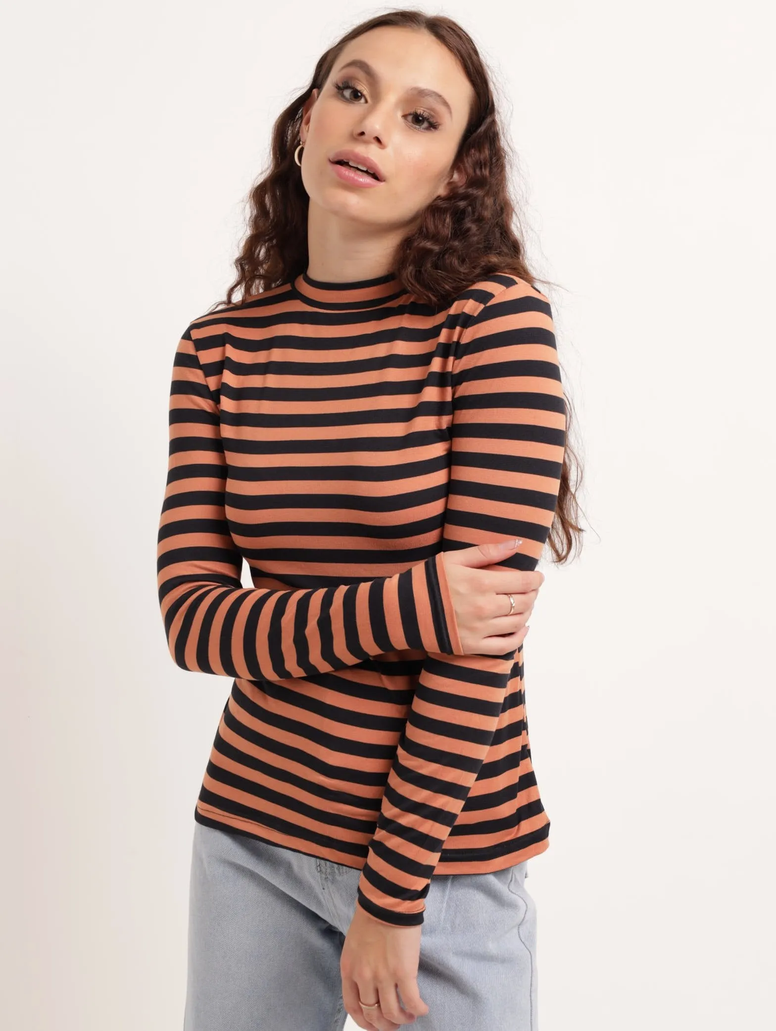 Ladies Long Sleeve Fitted Poloneck Top - Black/Brown sold by Edgars