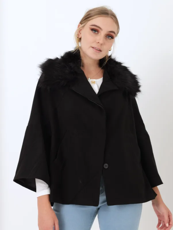 Ladies Fur Trim Swing Coat - Black sold by Edgars