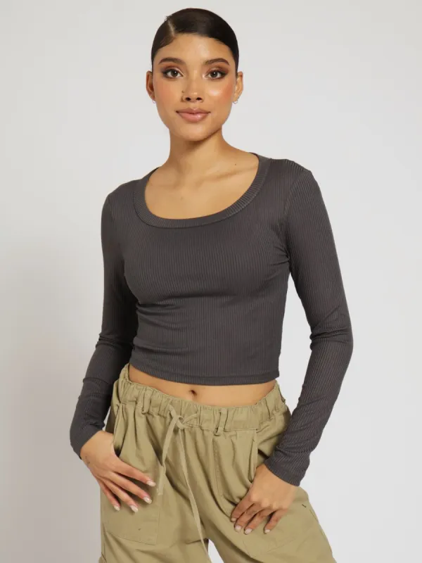 Scoop Neck Rib Basic Top - Charcoal sold by Edgars