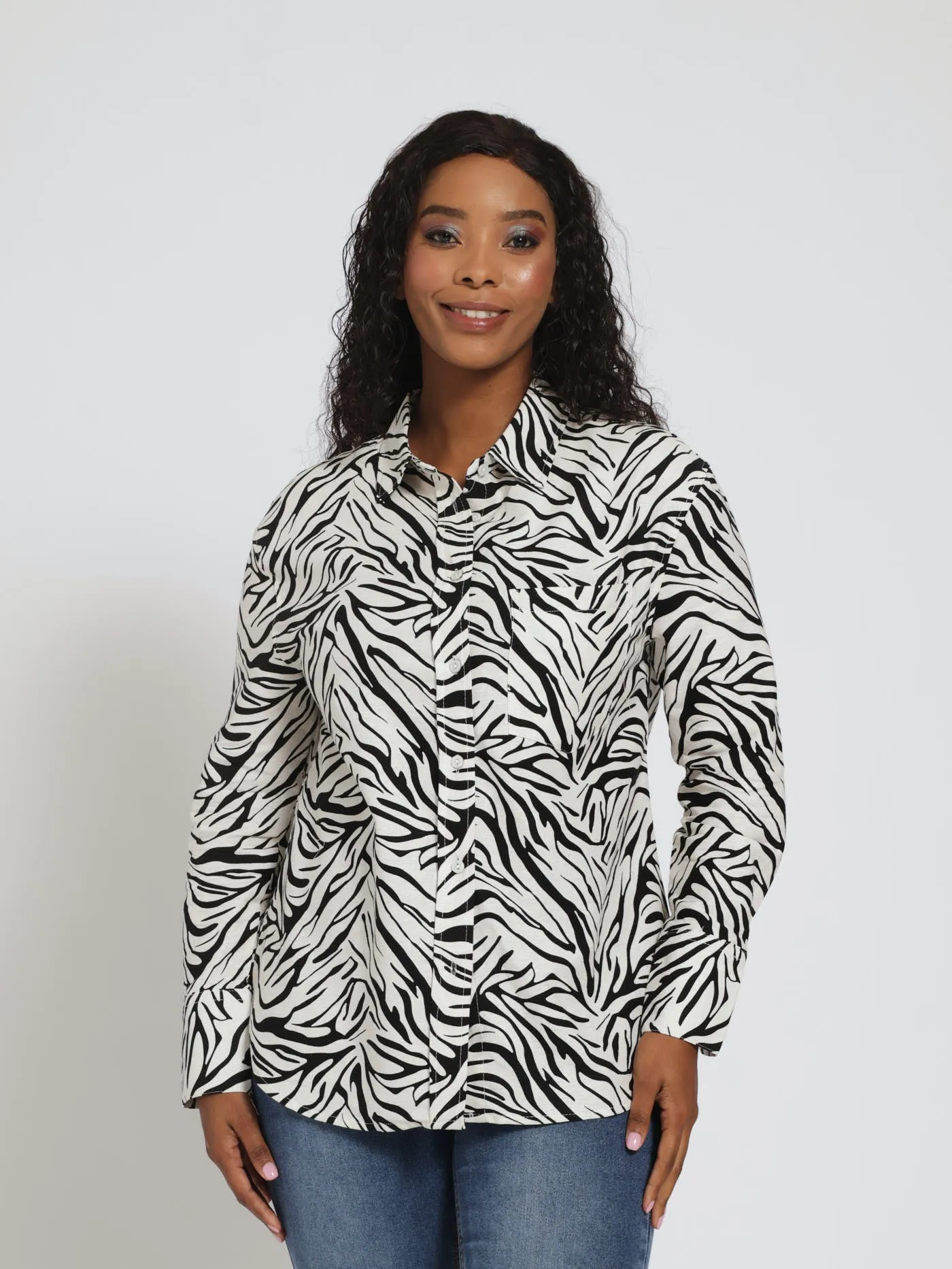 Long Sleeve 1 Pocket Linen Shirt - Black/Cream sold by Edgars