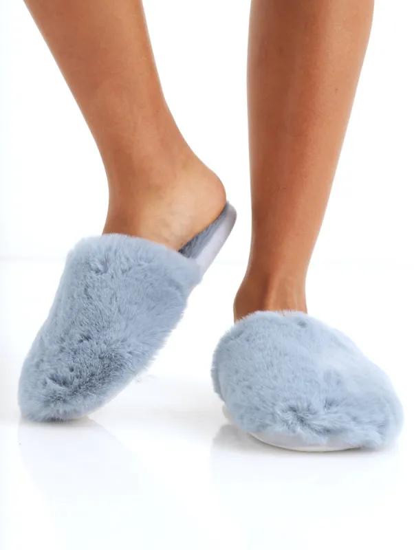 Ladies Closed Toe Long Hair Slipper - Blue sold by Edgars
