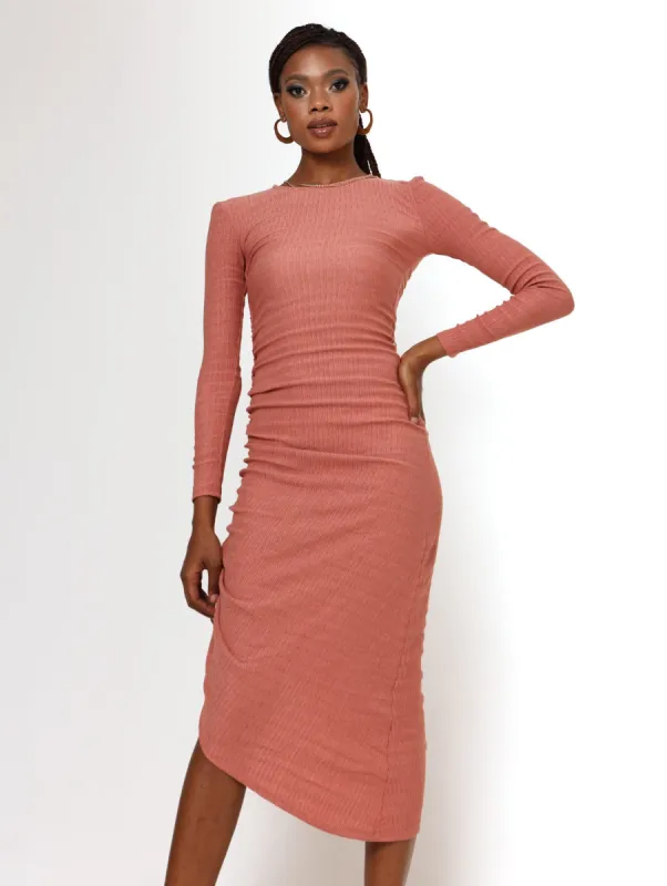 Ladies Long Sleeve Rouged Side Crinkle Dress - Dusty Pink sold by Edgars