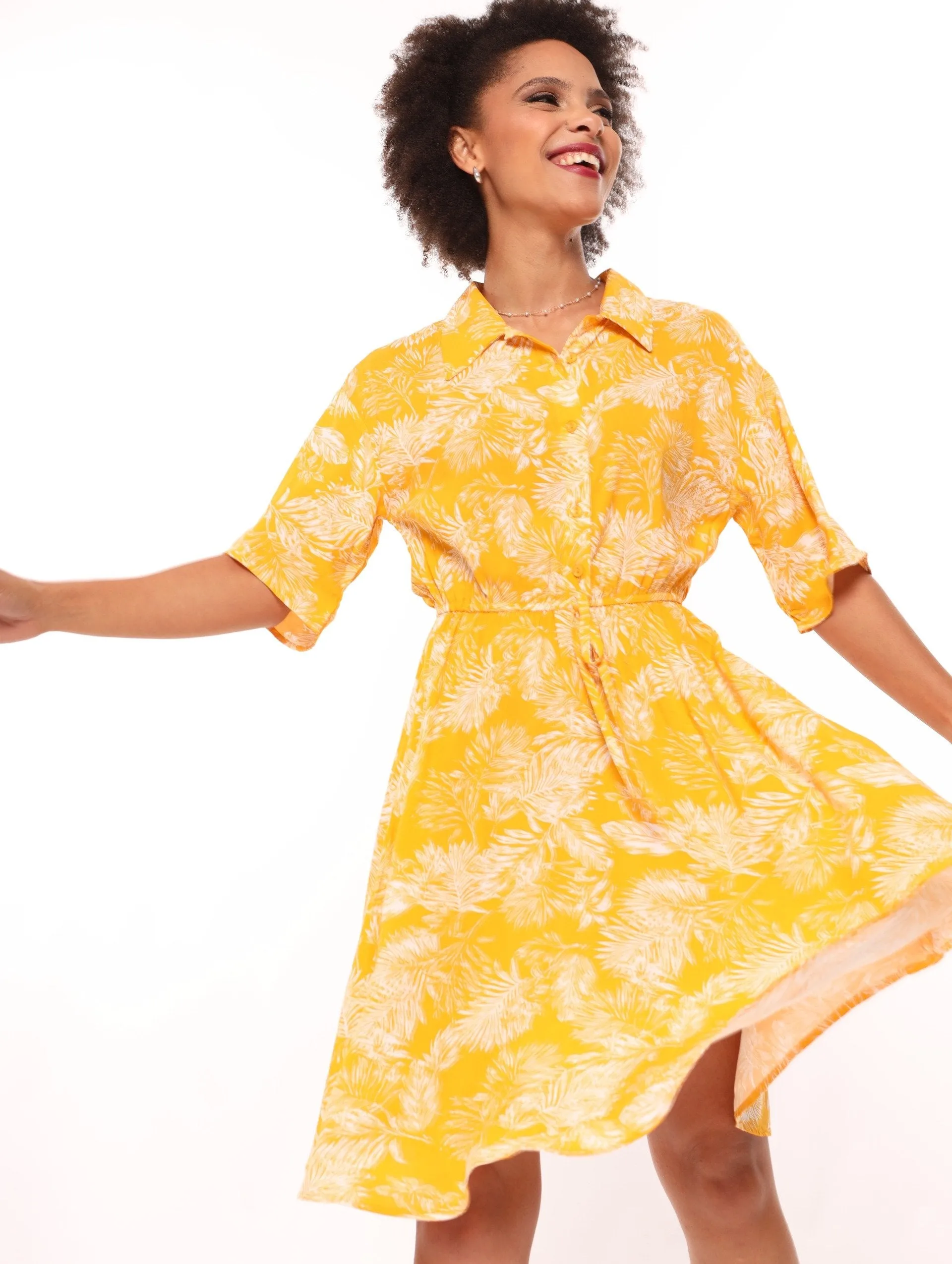 Ladies Waisted Tropical Shirt Dress - Mustard sold by Edgars