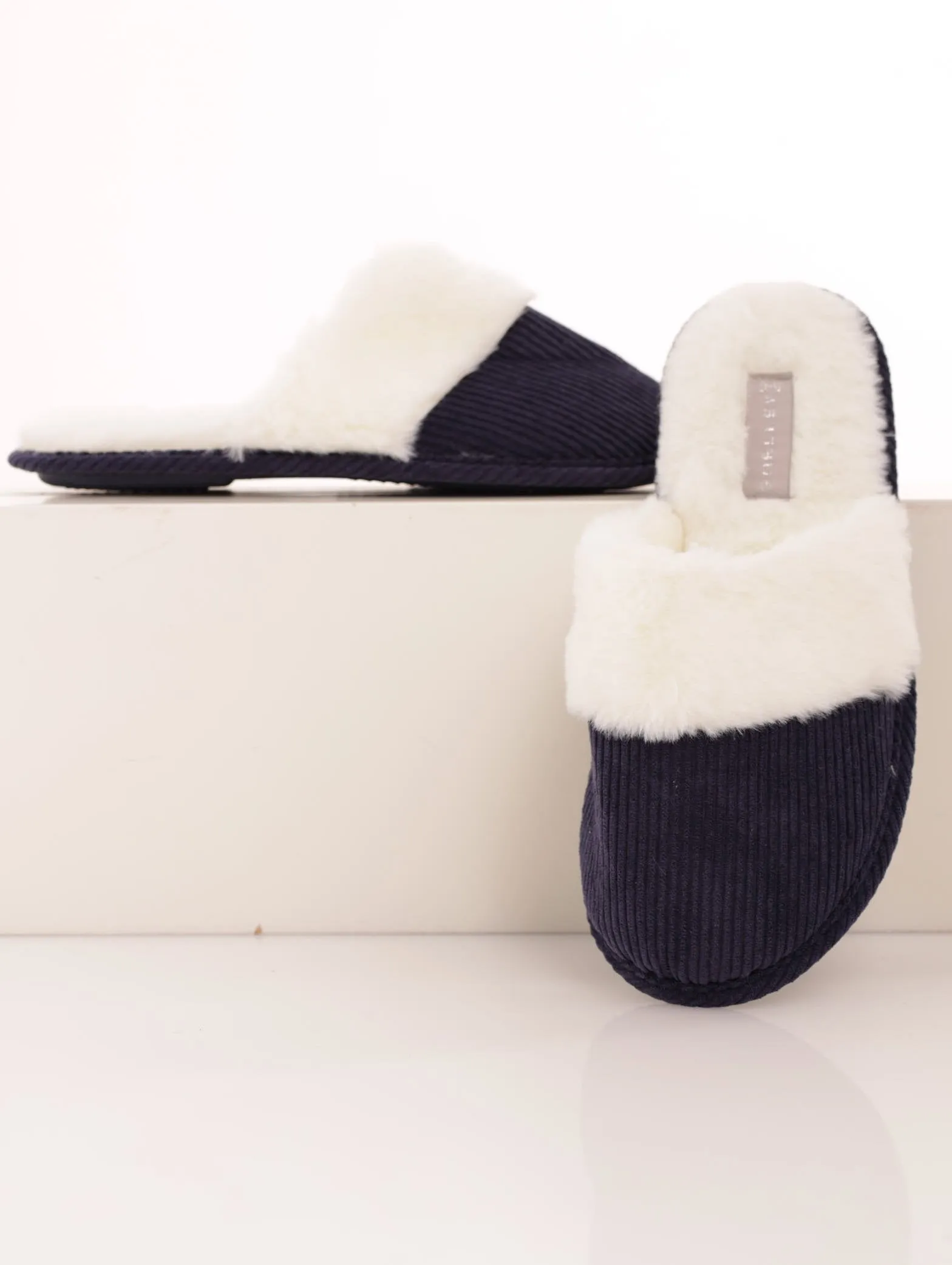Ladies Lined Fur Closed Toe Slipper - Navy sold by Edgars