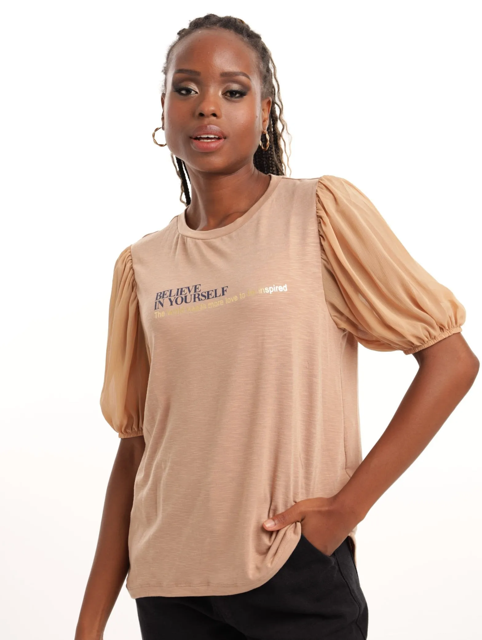 Ladies Volume Sleeve Combo Tee - Tan sold by Edgars