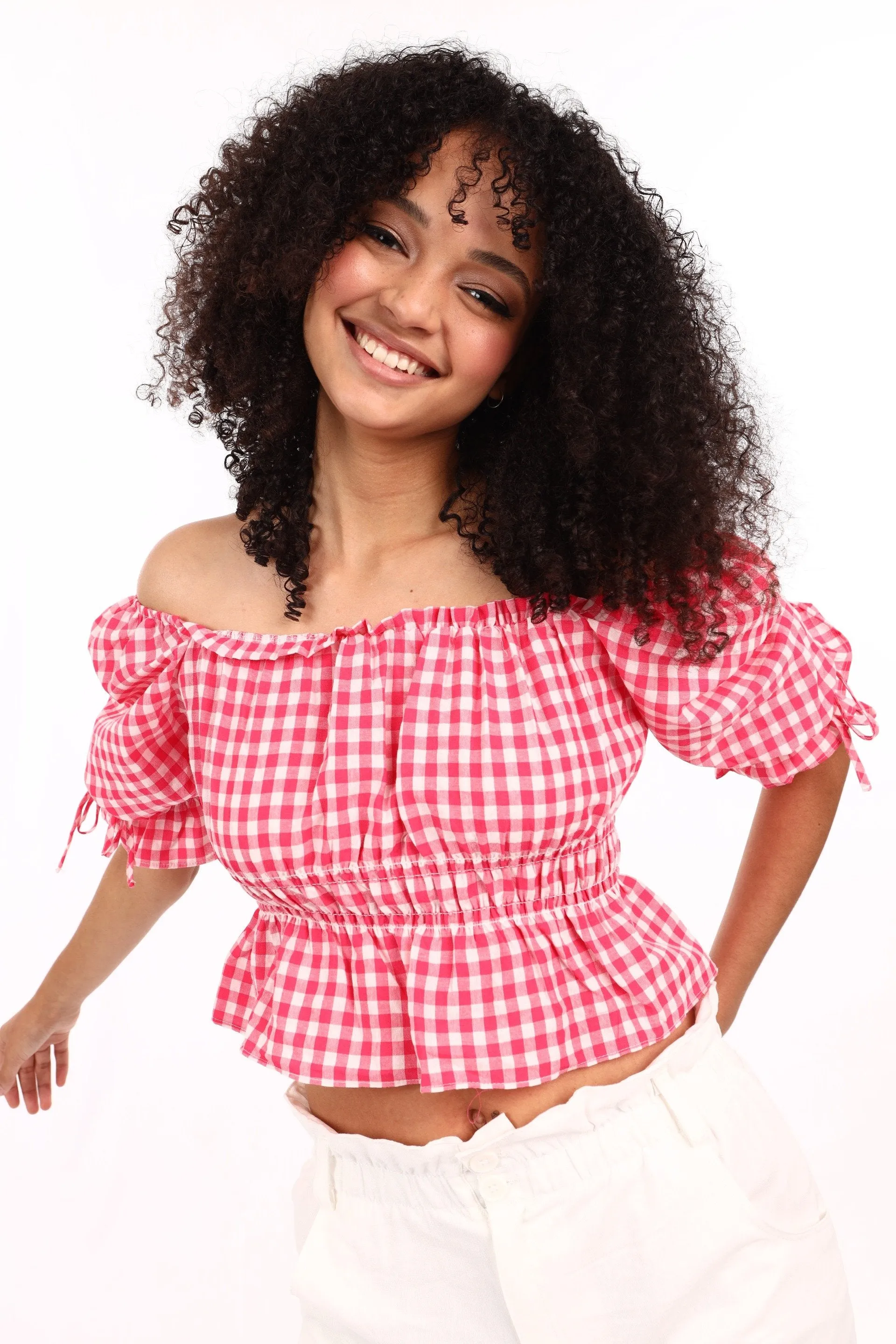 Ladies Gingham Blouse With Puff Sleeve - Pink sold by Edgars
