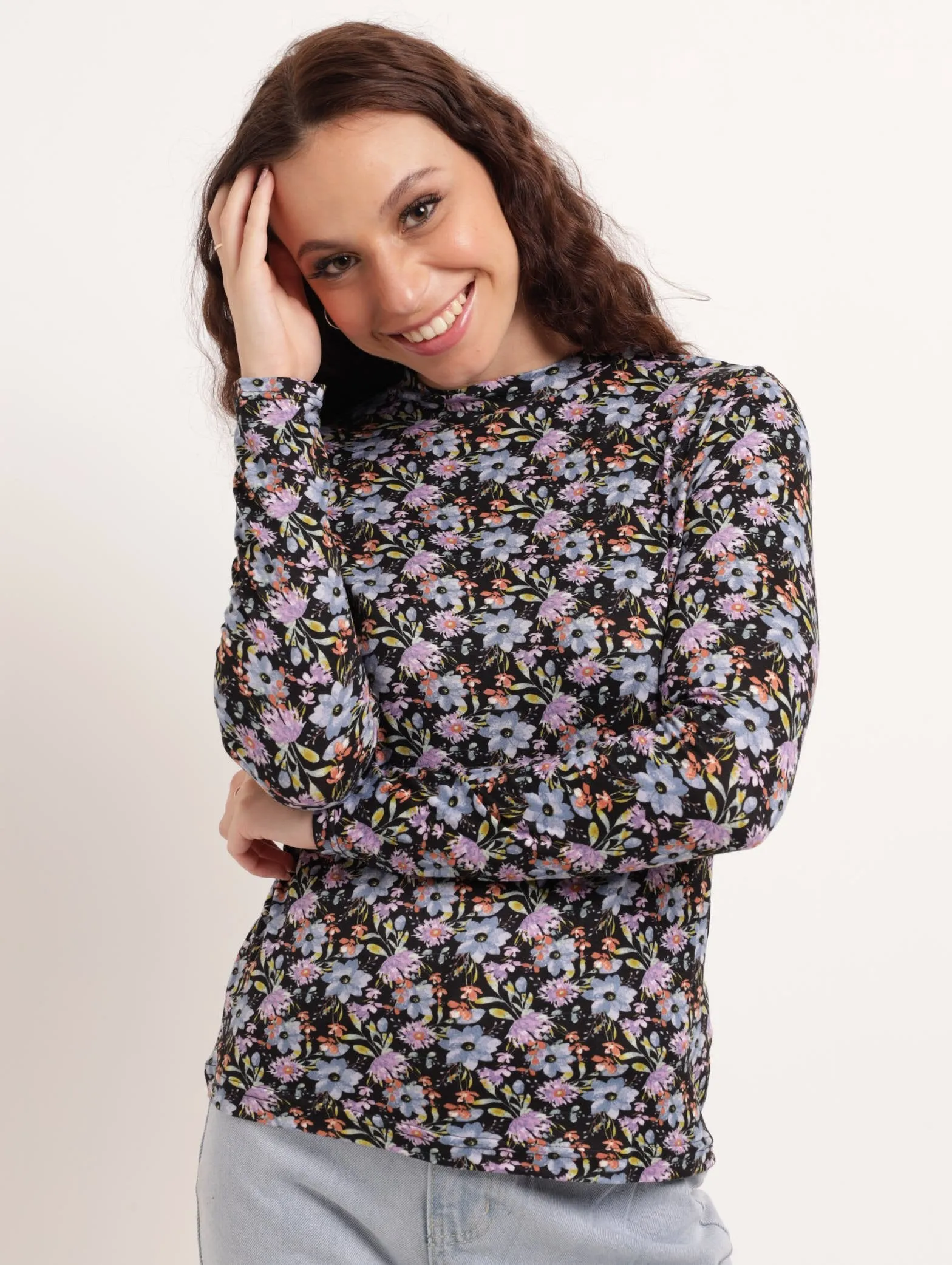 Ladies Long Sleeve Fitted Poloneck Top - Floral sold by Edgars