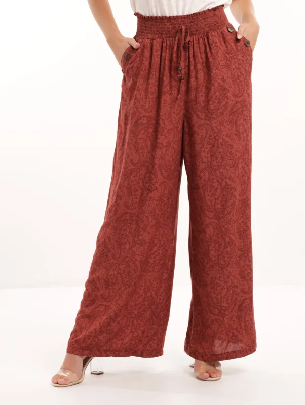 Ladies Shirred Button Detail Wideleg Pant - Burgundy sold by Edgars