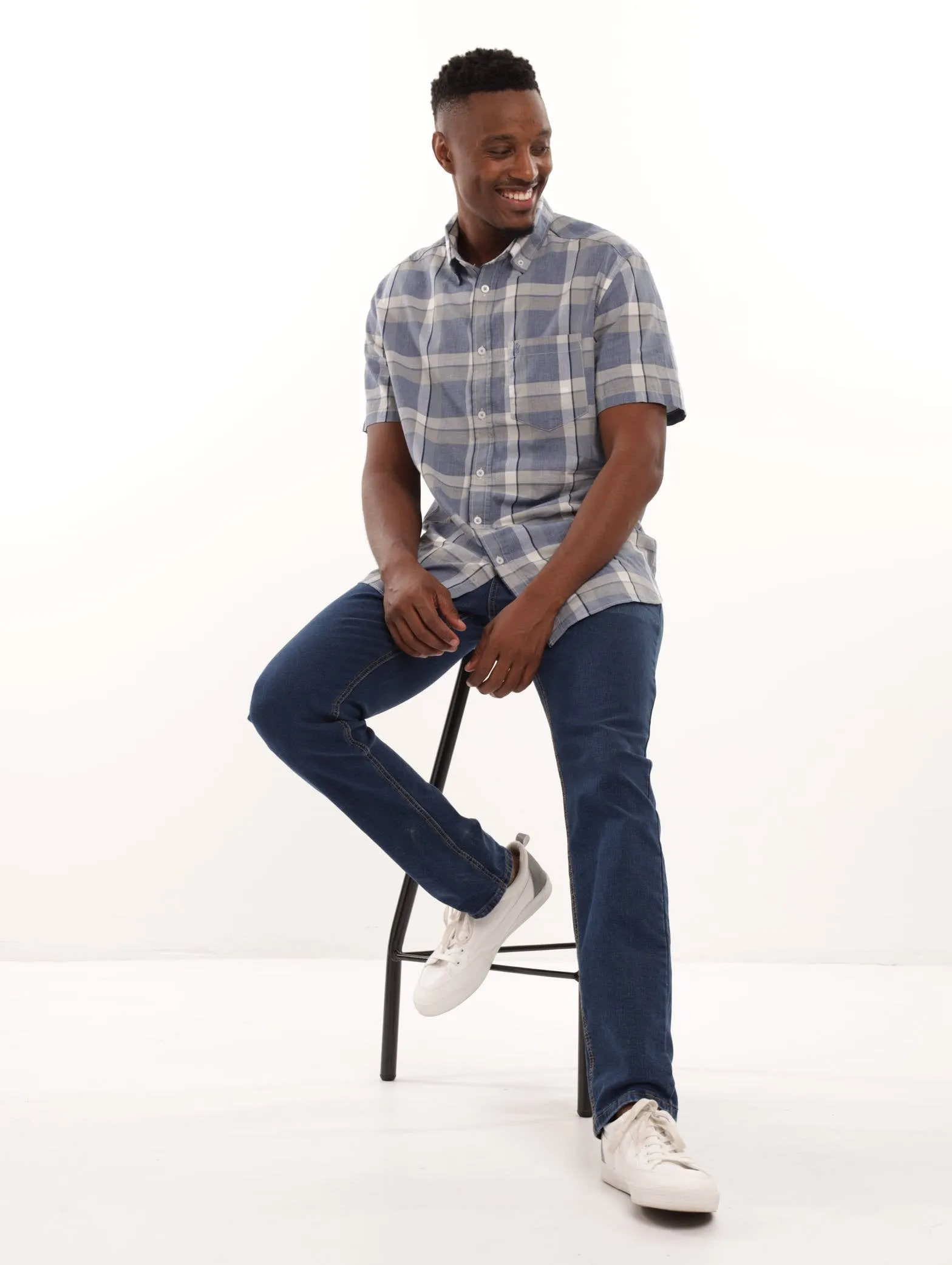 Men's Short Sleeve Medium Check Shirt - Navy sold by Edgars