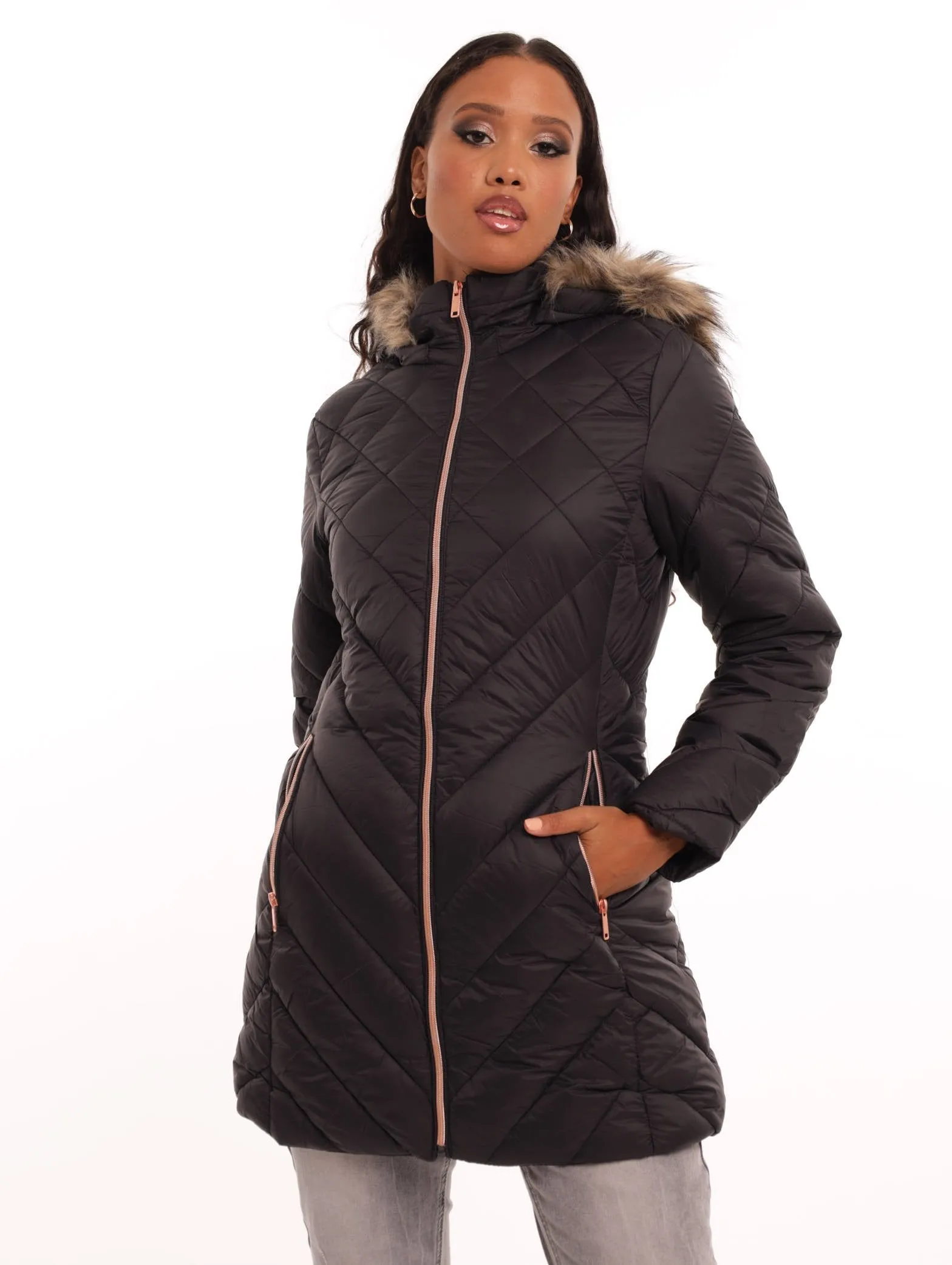 Ladies Fur Trim Diamond Down Quilted Jacket - Black sold by Edgars