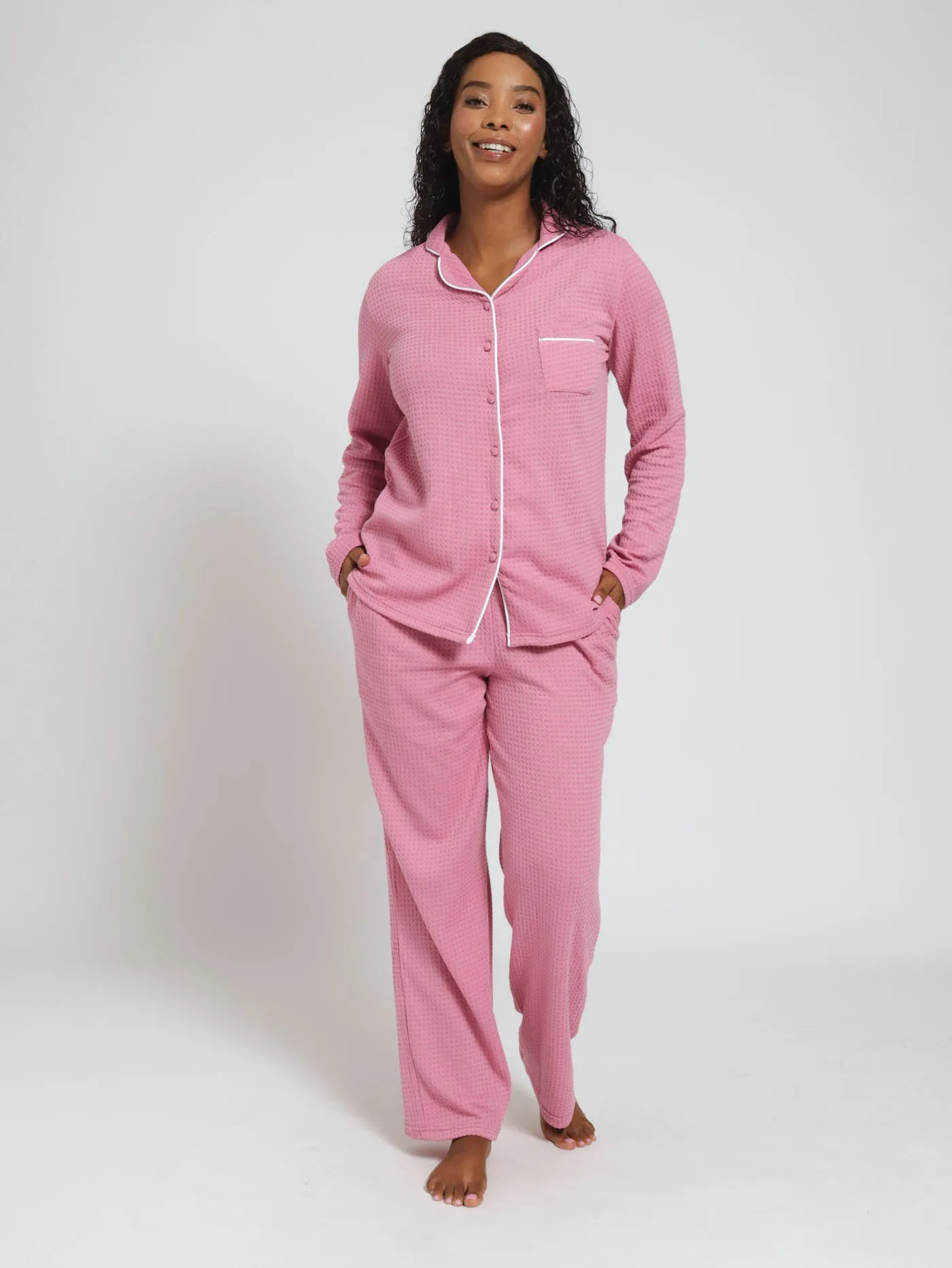 Long Sleeve Waffle Knit Button Through Shirt & Pants Pj Set - Dusty Pink sold by Edgars
