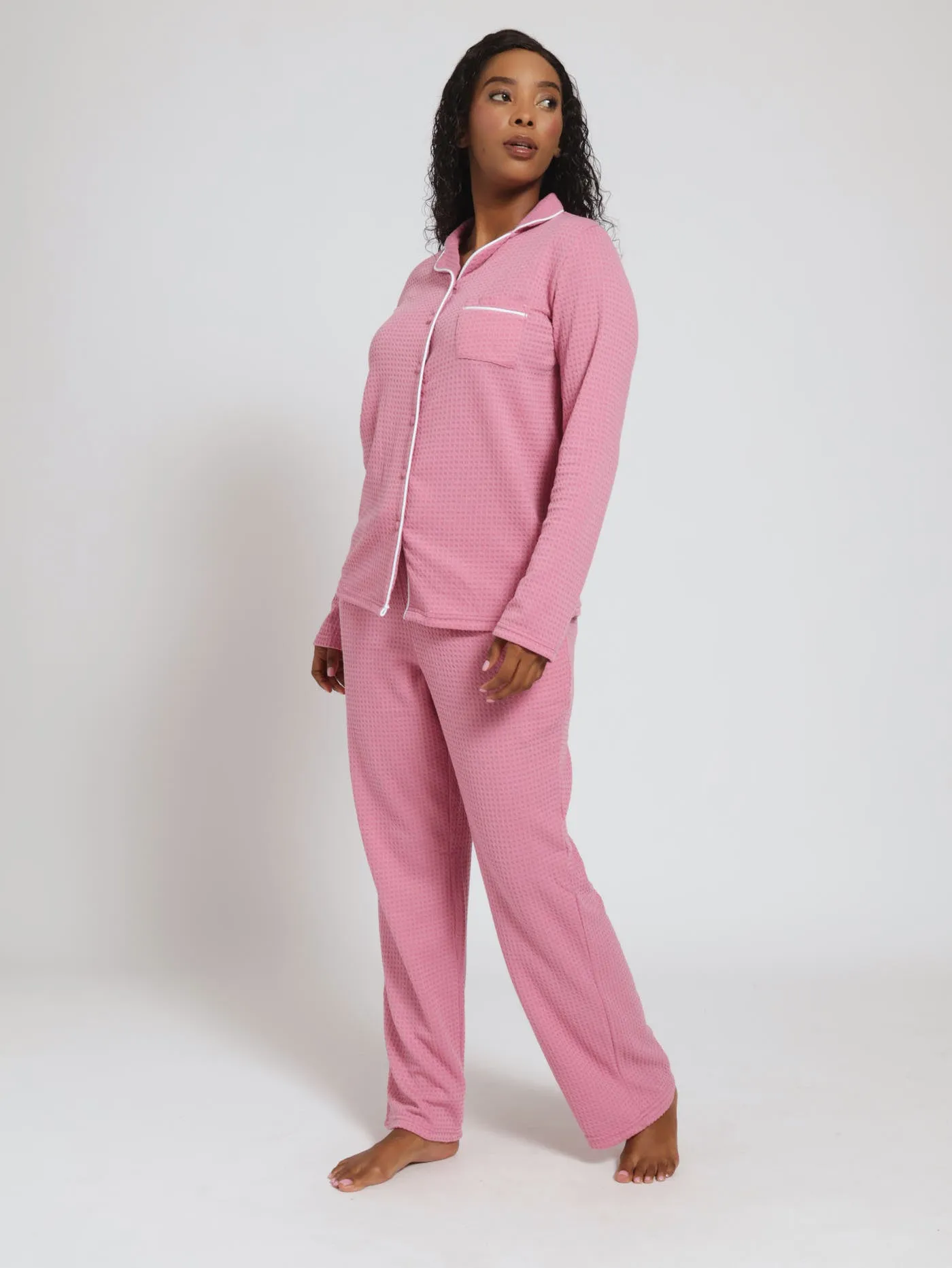 Long Sleeve Waffle Knit Button Through Shirt & Pants Pj Set - Dusty Pink sold by Edgars product image thumbnail 2