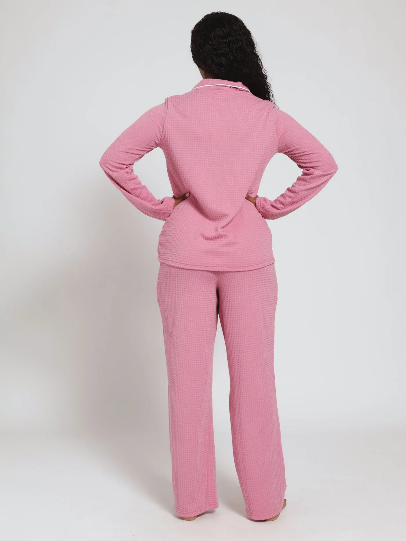 Long Sleeve Waffle Knit Button Through Shirt & Pants Pj Set - Dusty Pink sold by Edgars product image thumbnail 4