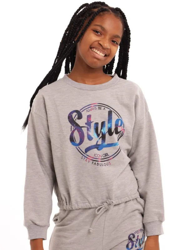 Girls Crew Drawcod Top - Grey Melange sold by Edgars
