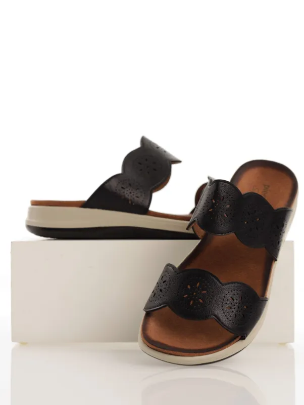 Ladies Lazer Cut Strap Push In Sandal - Black sold by Edgars