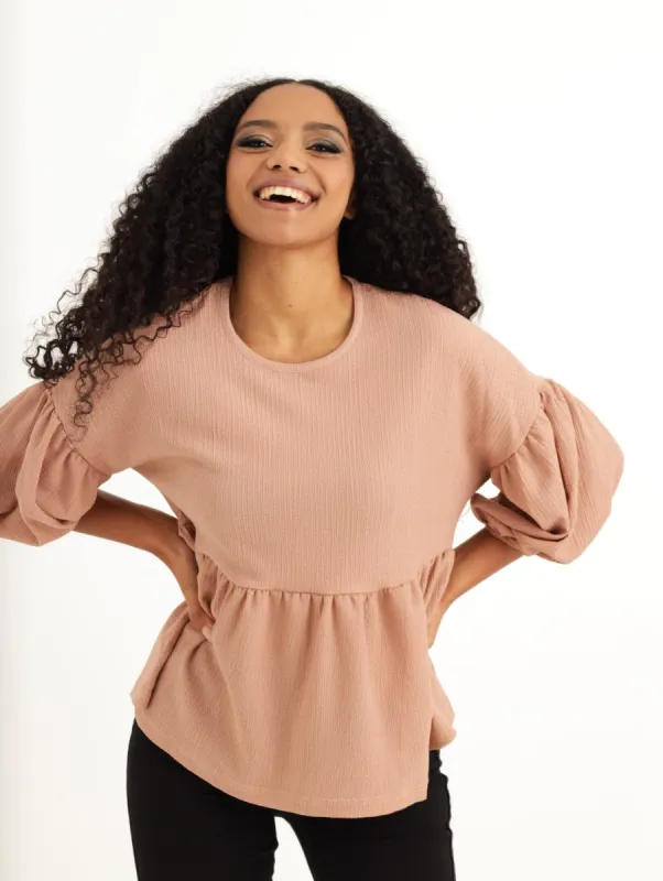 Ladies Crinkle Puff Sleeve Peplum Top - Pink sold by Edgars