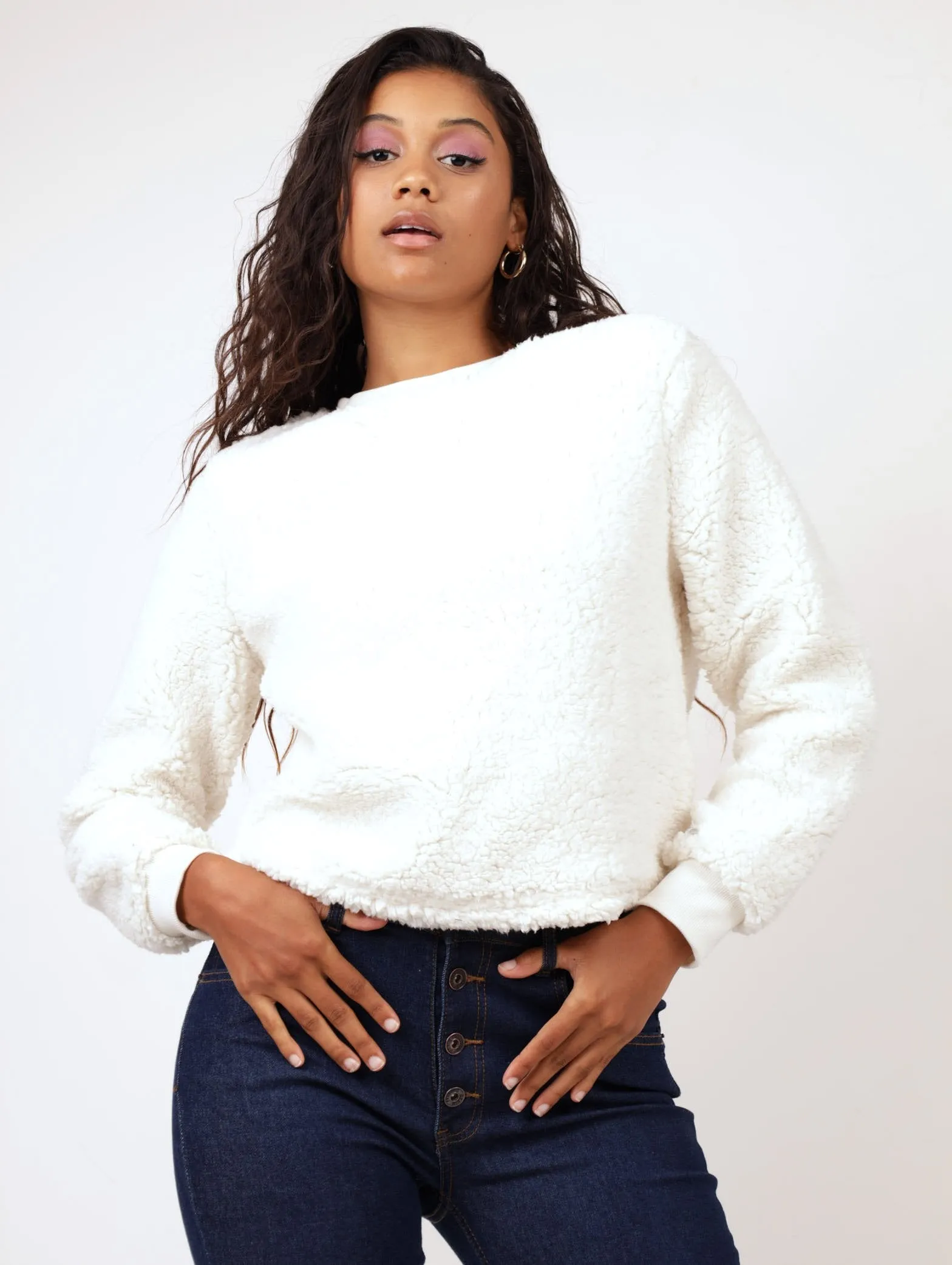 Ladies Teddy Fleece Crew Pullover - Cream sold by Edgars