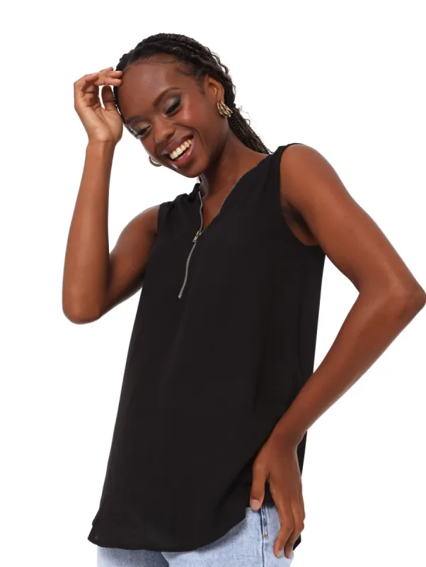 Ladies Zip Front Pleat Shoulder Cami - Black sold by Edgars