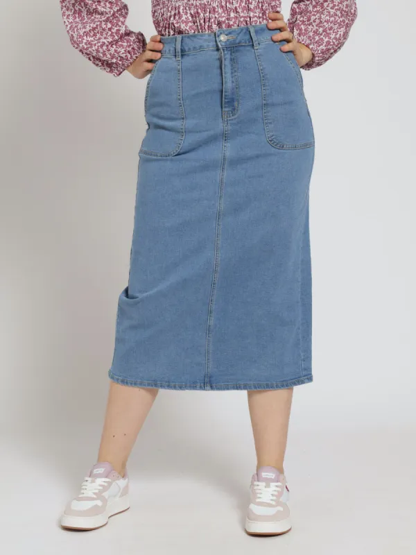 Utility Pocket Denim Pencil Midaxi Skirt - Light Wash sold by Edgars