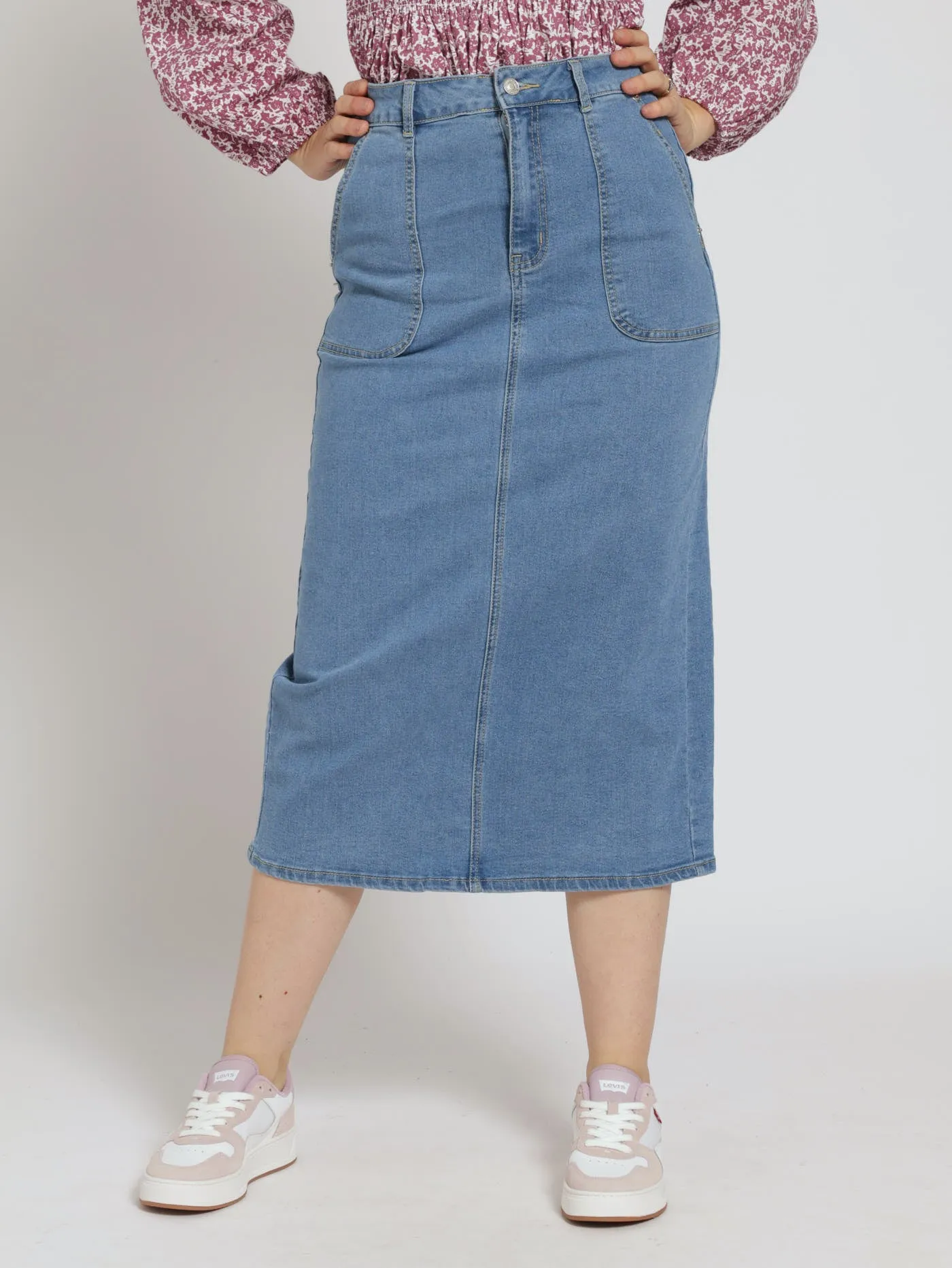 Utility Pocket Denim Pencil Midaxi Skirt - Light Wash sold by Edgars