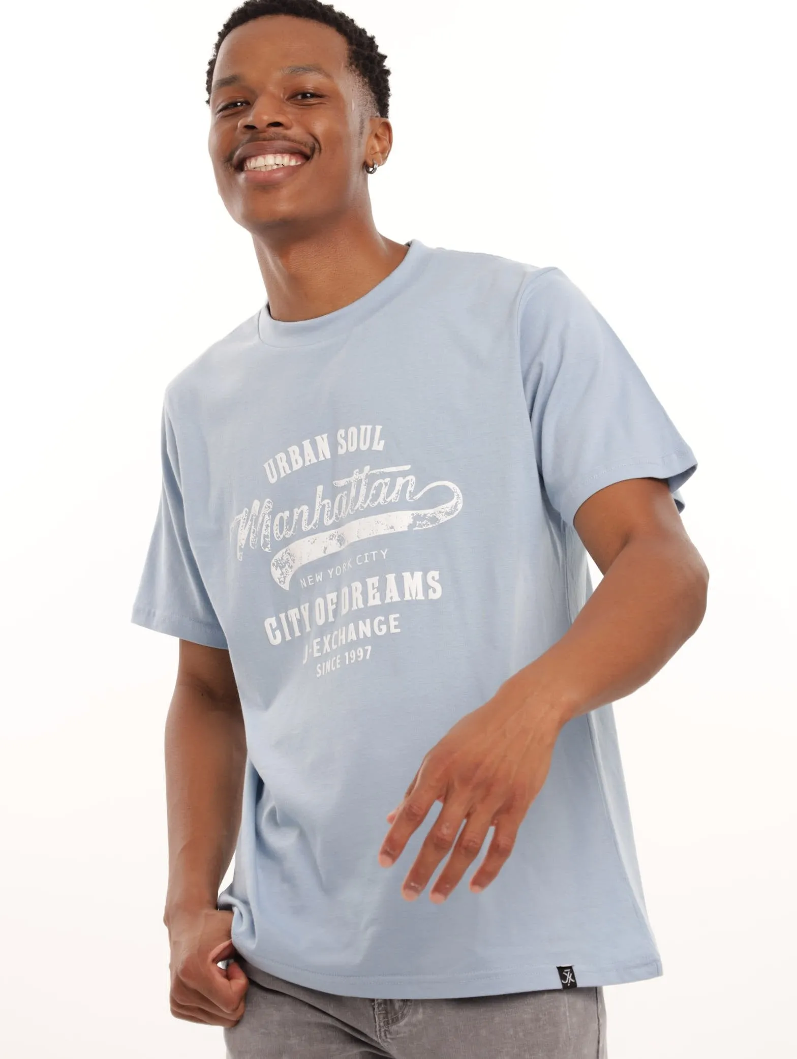 Men's Manhattan Script Flock Tee - Mid Blue sold by Edgars