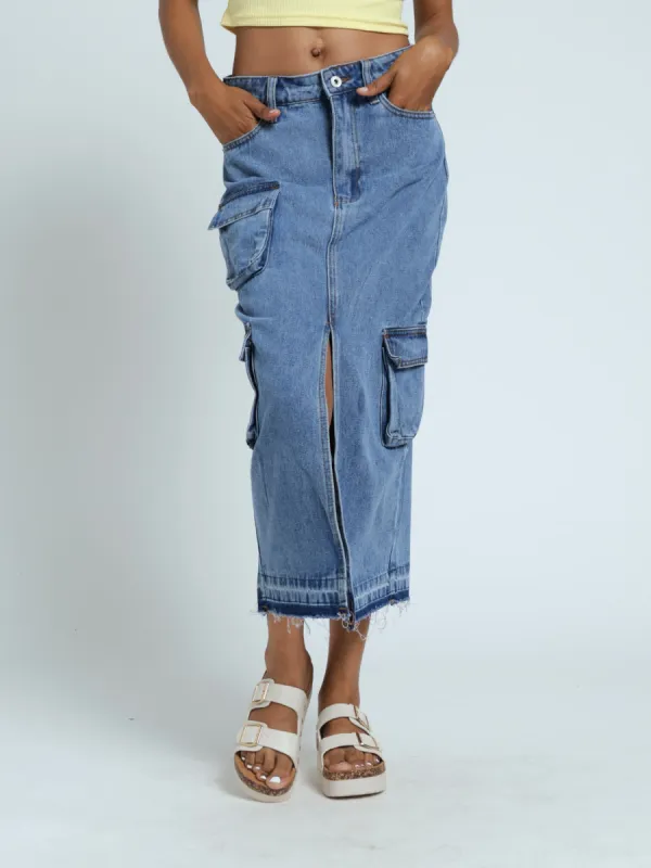 Denim Utility Midi Skirt - Mid Blue sold by Edgars 
