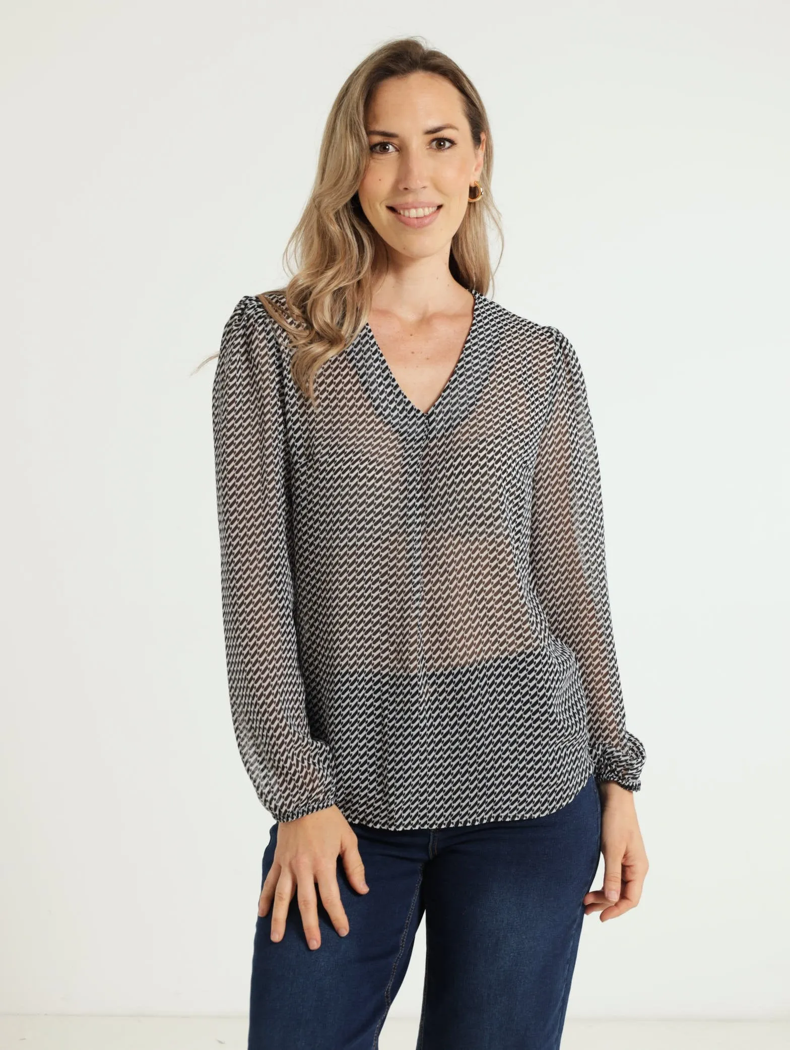 Long SLeeve V-Neck Blouse - Black/White sold by Edgars