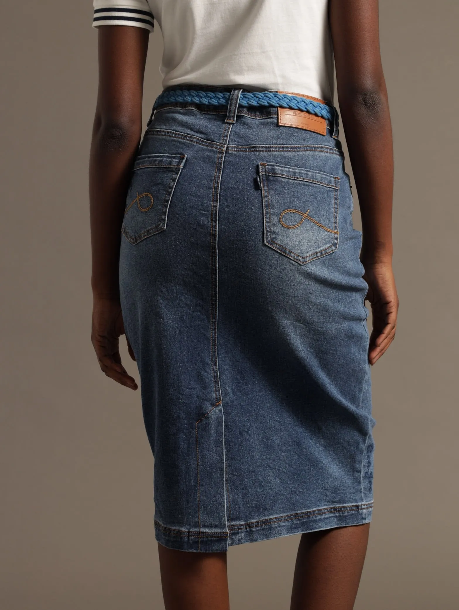 Stretch Denim Straight Longer Embroidered Skirt - Medium Wash sold by Edgars product image thumbnail 3