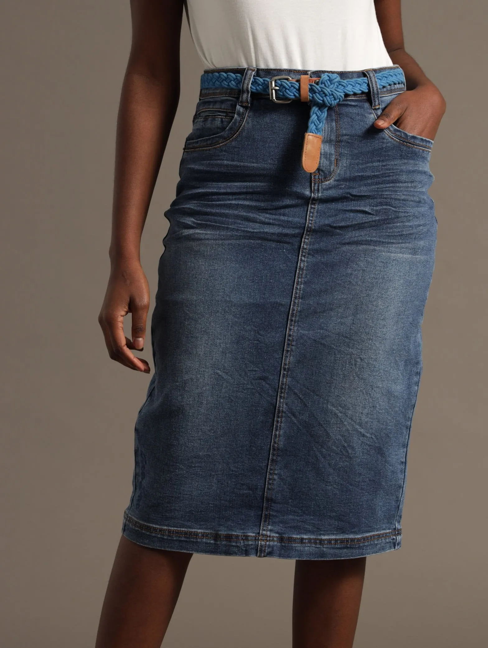 Stretch Denim Straight Longer Embroidered Skirt - Medium Wash sold by Edgars
