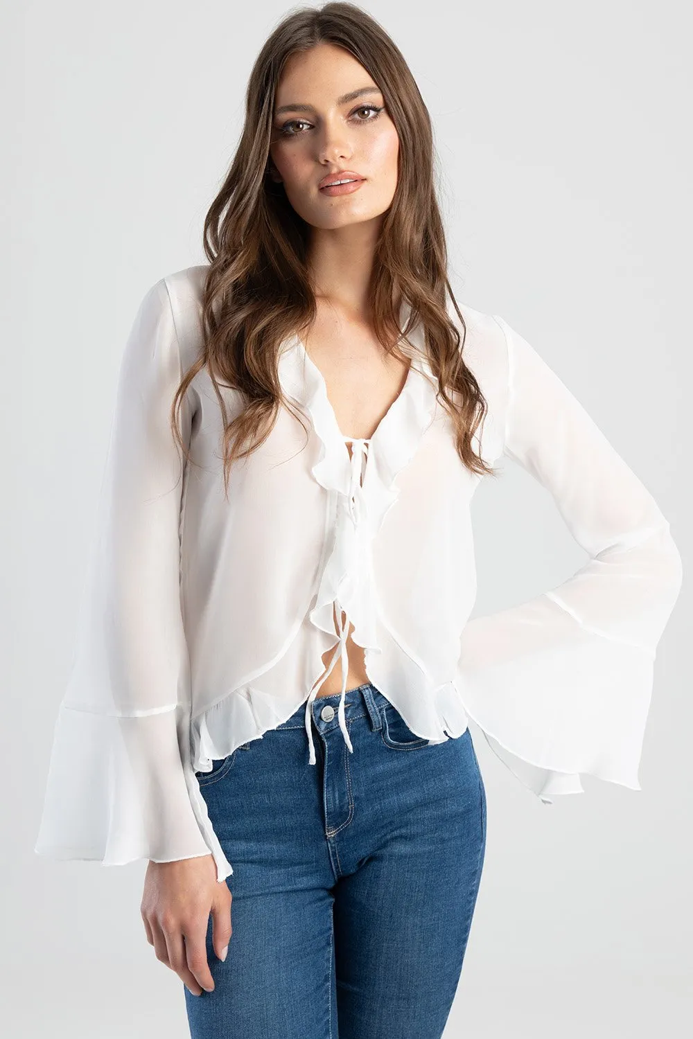 Romantic Front Tie Blouse With Frill Detail - Off White sold by Edgars