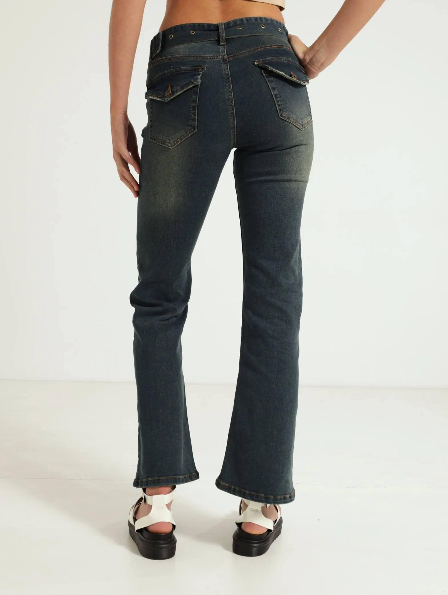 Eyelet Belt Pocket Flare Jean - Dark Wash Ink sold by Edgars product image thumbnail 3