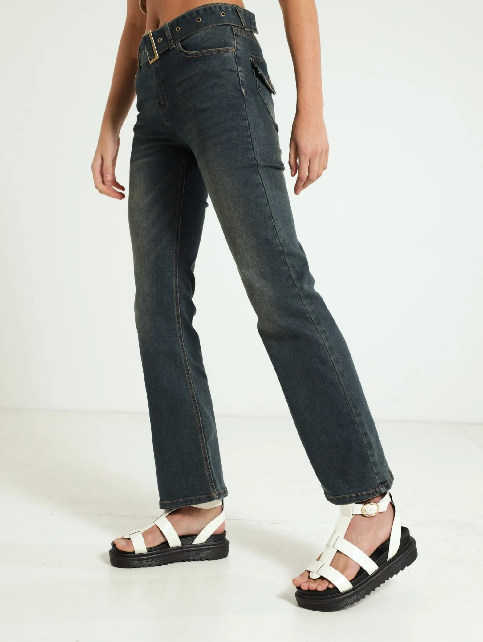 Eyelet Belt Pocket Flare Jean - Dark Wash Ink sold by Edgars product image thumbnail 2