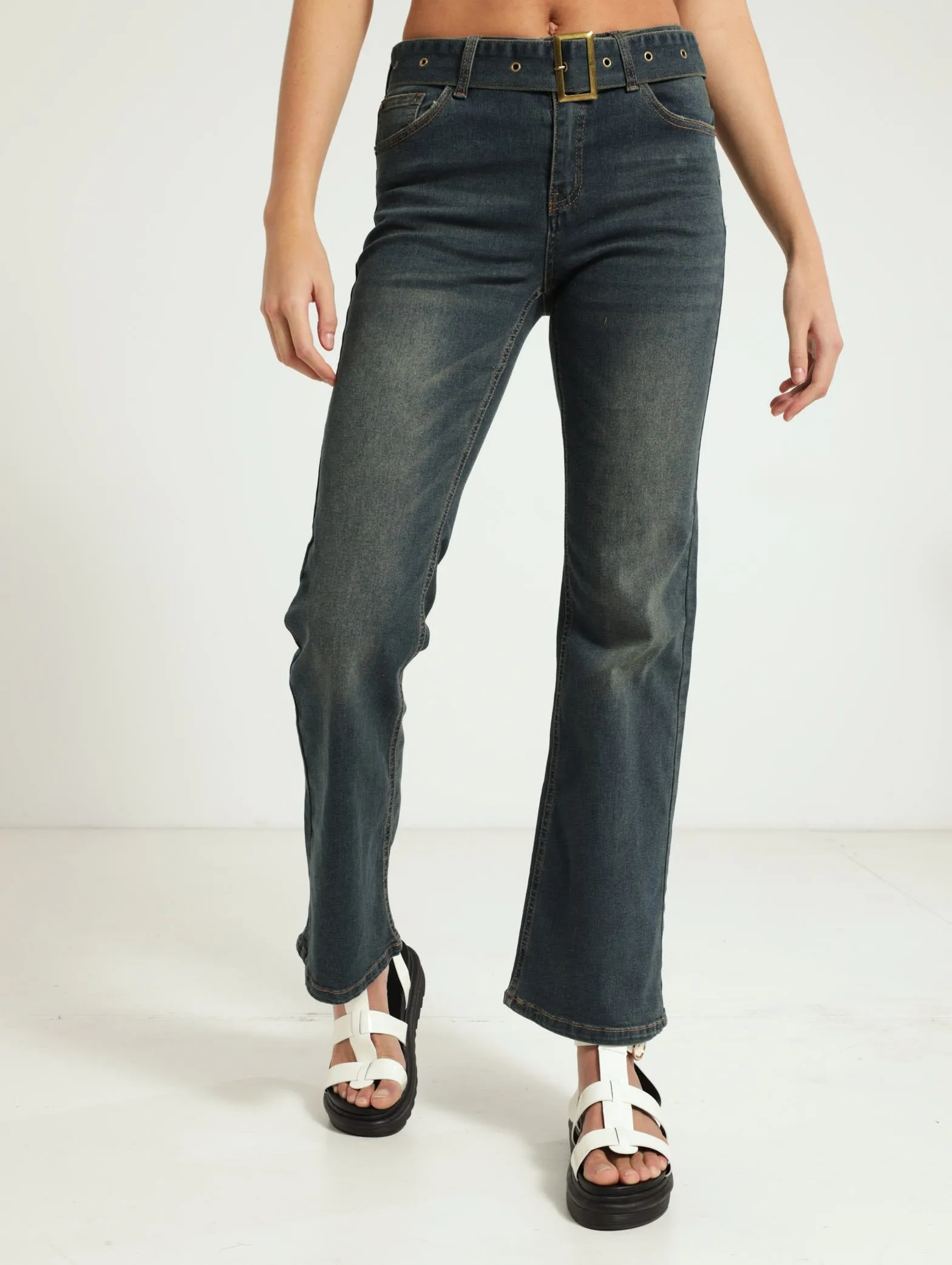 Eyelet Belt Pocket Flare Jean - Dark Wash Ink sold by Edgars