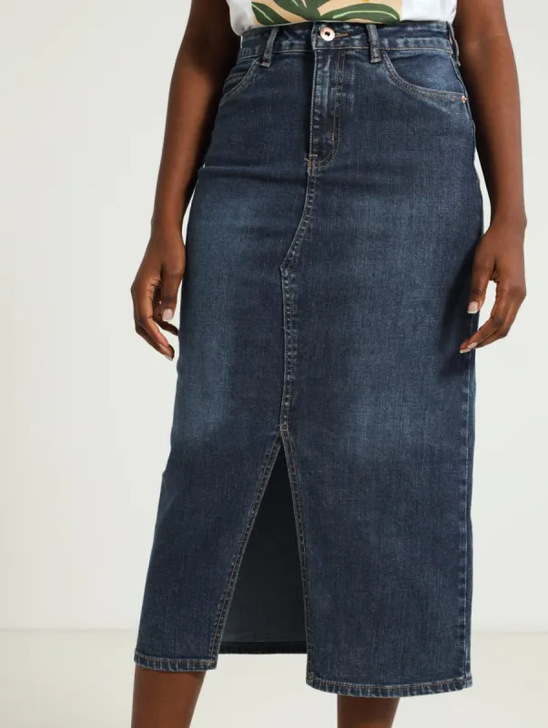 Front Slit Denim Midi Skirt - Mid Blue sold by Edgars 