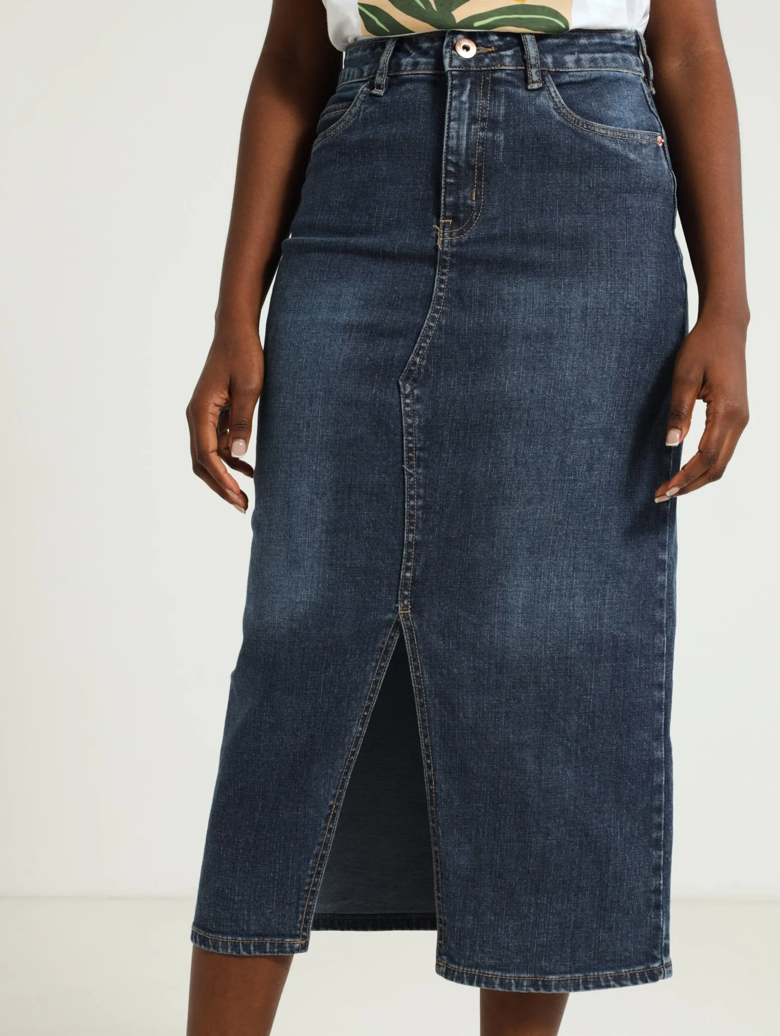 Front Slit Denim Midi Skirt - Mid Blue sold by Edgars