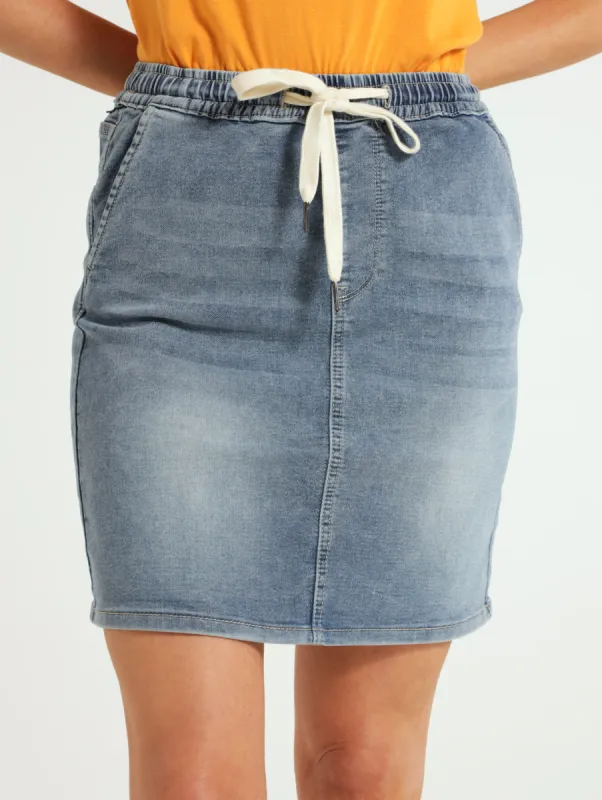 Knit Denim Mini Skirt - Mid Blue sold by Edgars