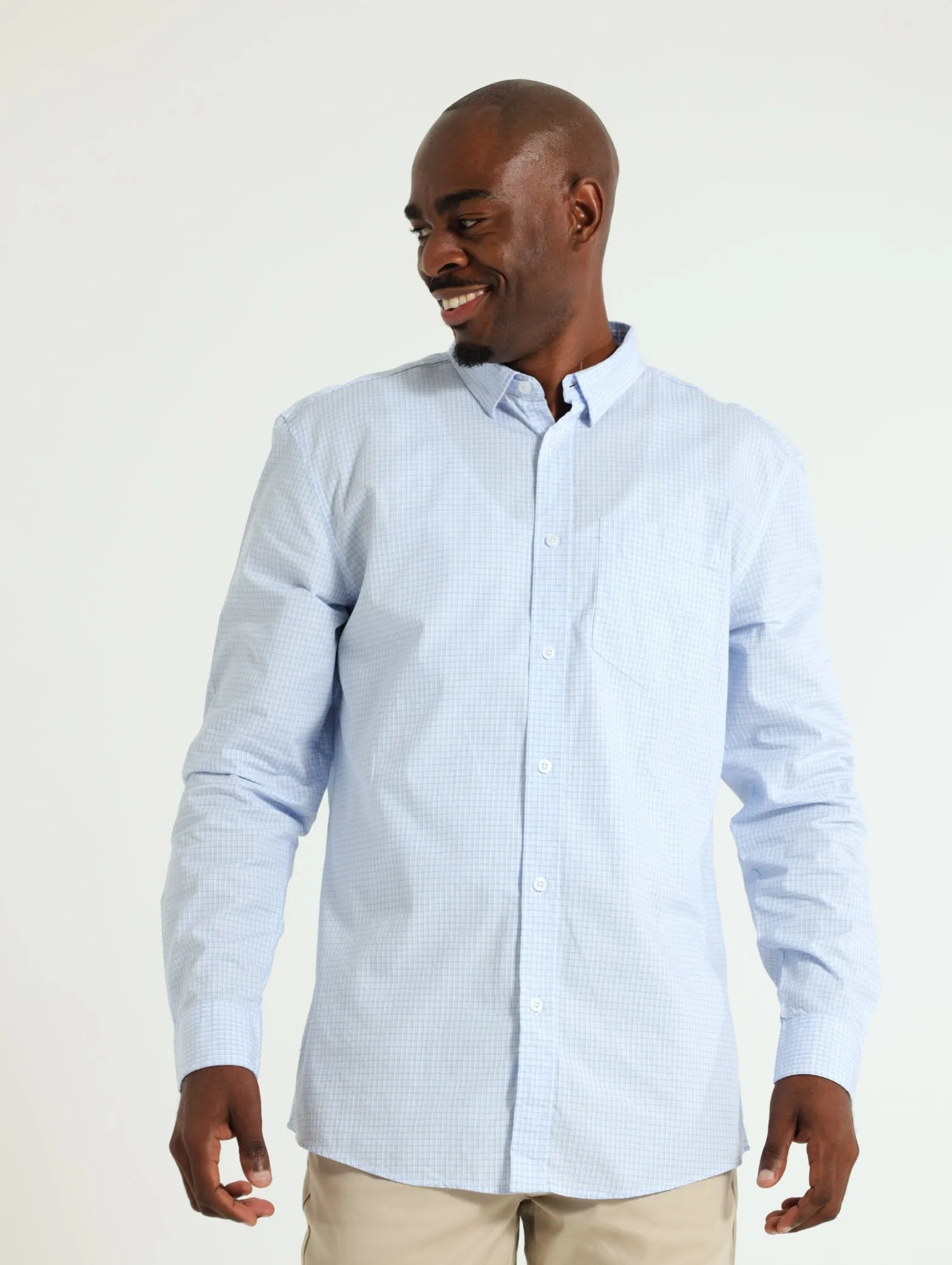 Long Sleeve Small Check Shirt - Light Blue sold by Edgars
