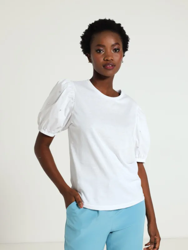 Diamante Puff Sleeve Tee - White sold by Edgars