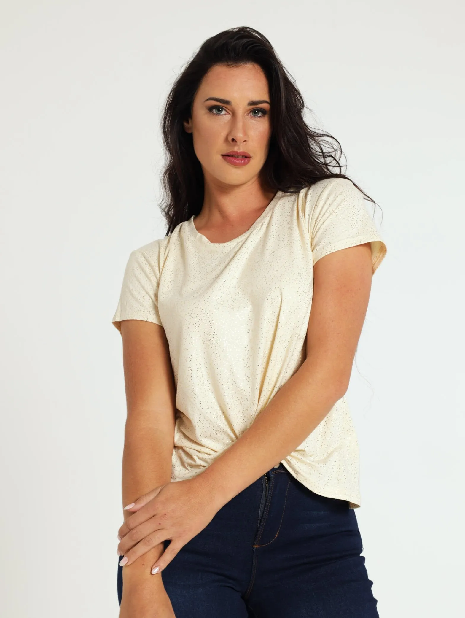 Knot Front Foil Tee - Cream sold by Edgars