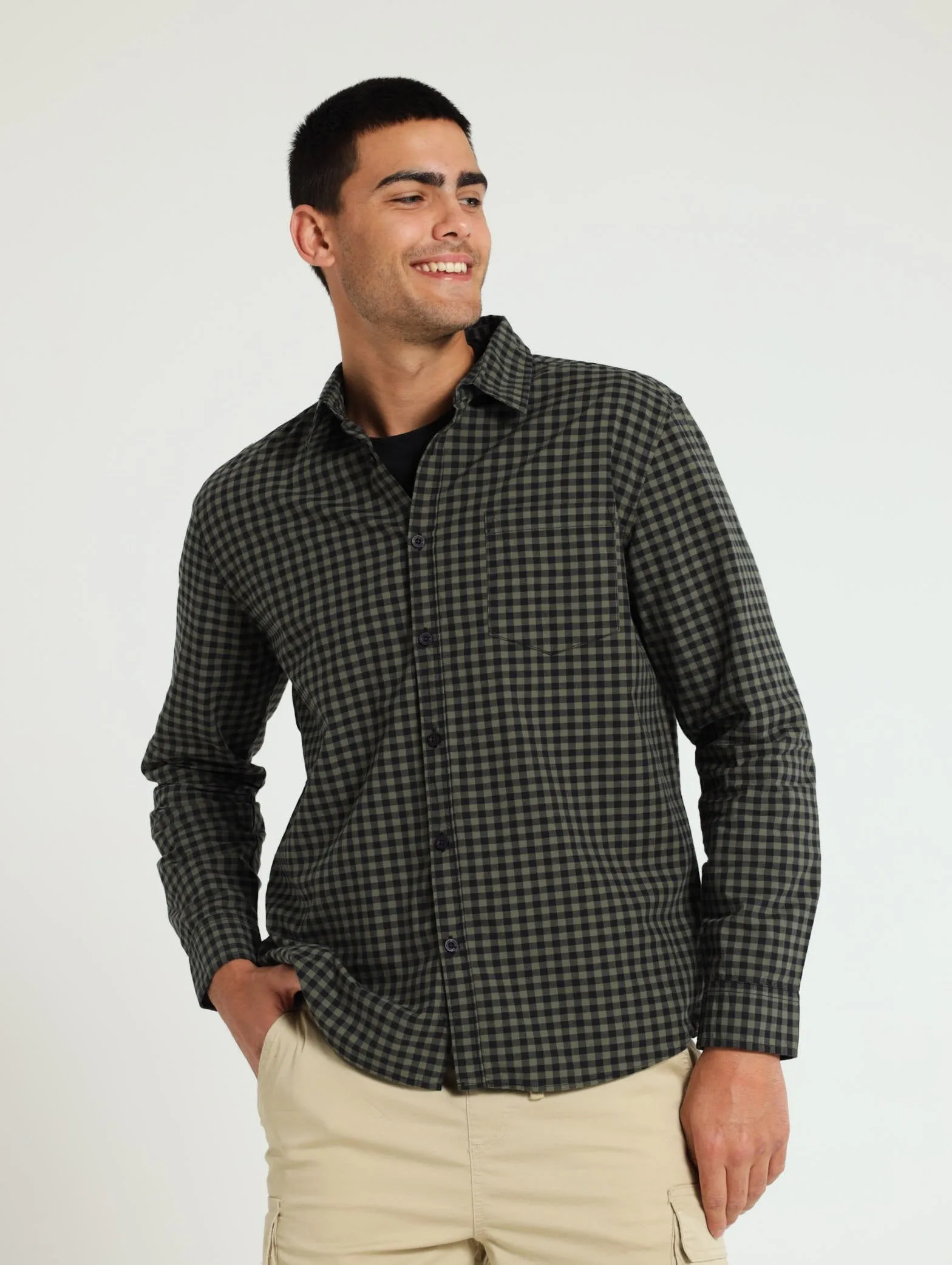 Long Sleeve Fine Check Woven Shirt - Fatigue/Black sold by Edgars product image thumbnail 2