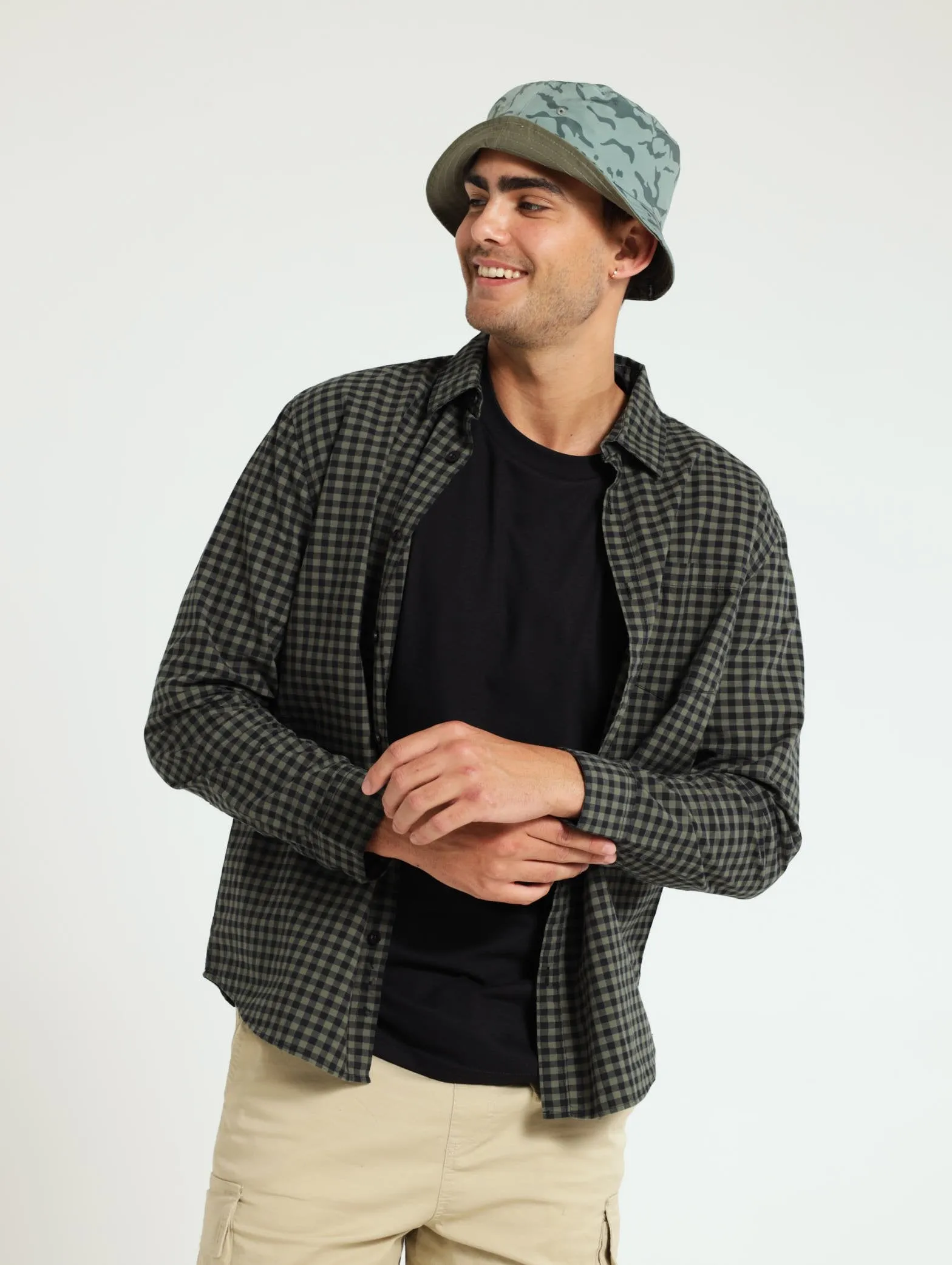 Long Sleeve Fine Check Woven Shirt - Fatigue/Black sold by Edgars