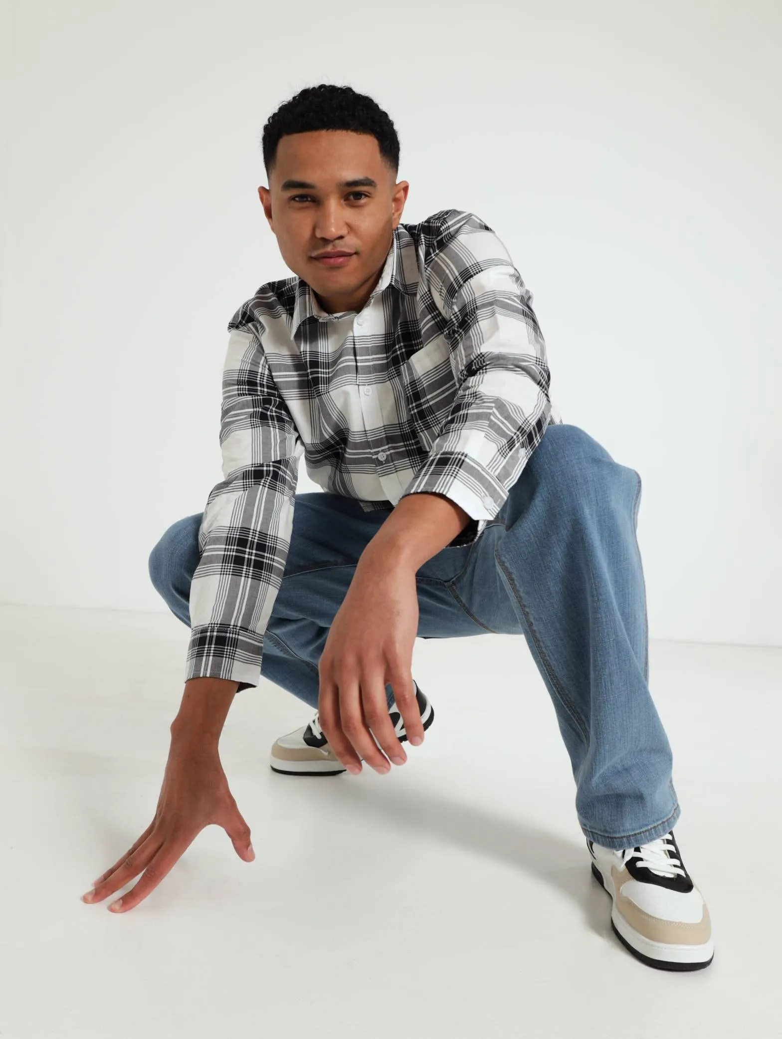 Long Sleeve Check Woven Shirt - White/Black sold by Edgars