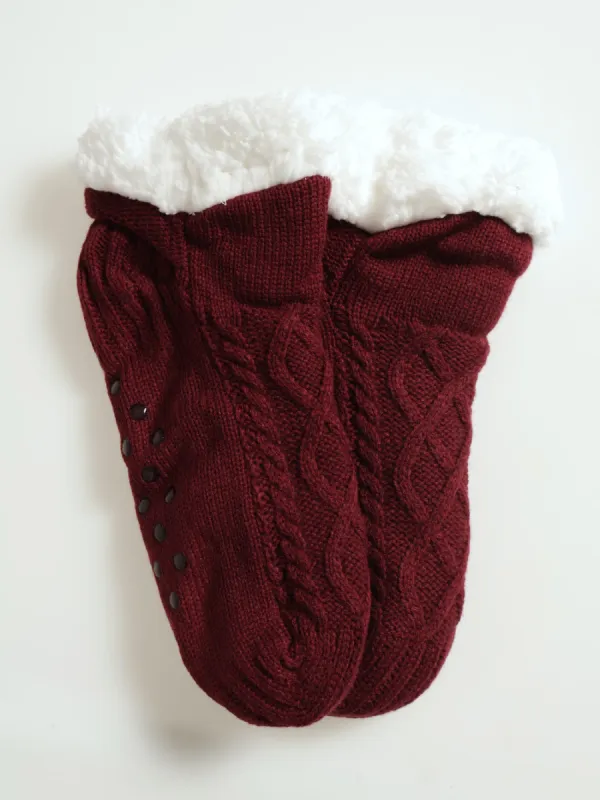 Cable Knit Slipper Socks - Burgundy sold by Edgars 
