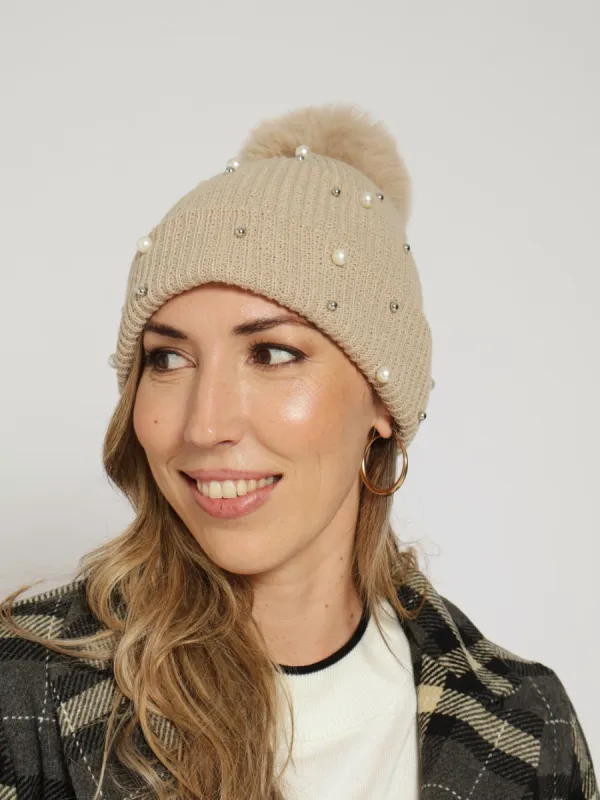 Embellished Turn Up Pom Pom Beanie - Beige sold by Edgars 