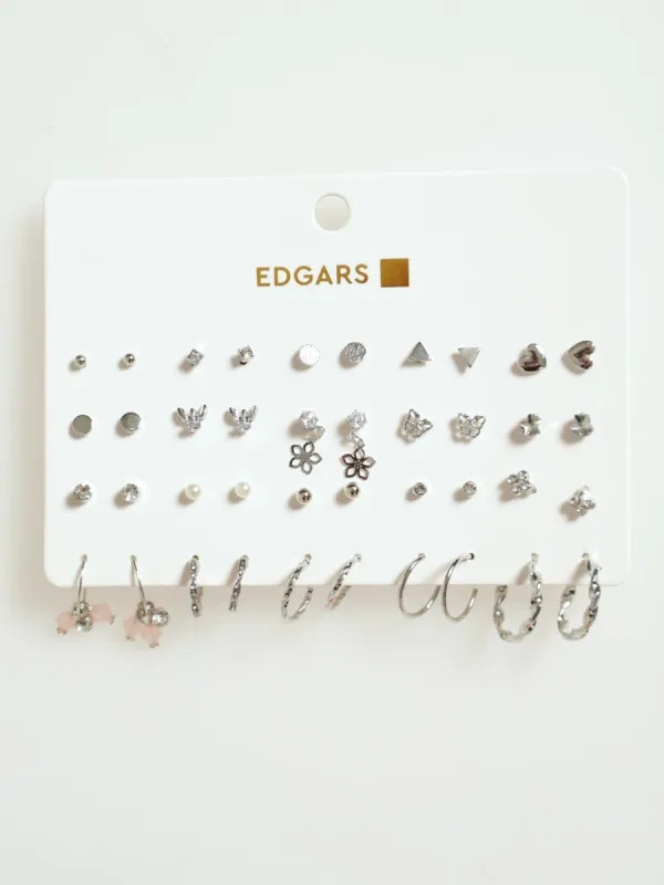 20 Pack Diamante, Flower & Hoop Earrings - Silver sold by Edgars
